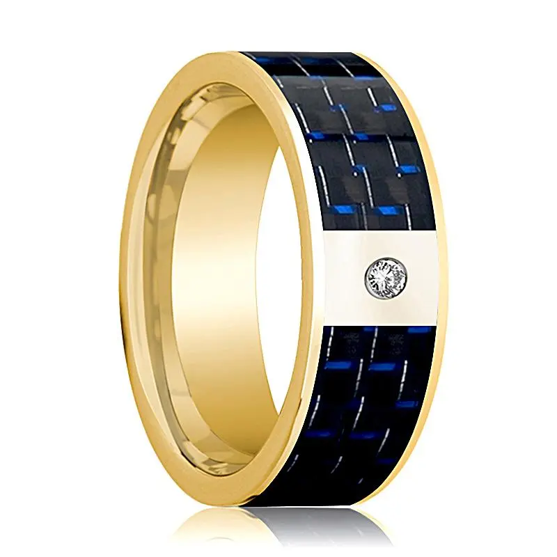 Men's 14K Yellow Gold & Diamond Wedding Band With Blue And Black Carbon Fiber Inlay Flat Polished Design - 8Mm 1