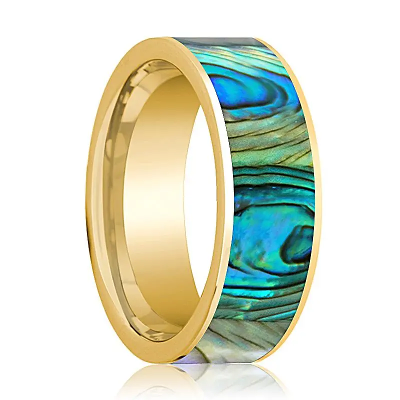 Men's 14K Yellow Gold Flat Wedding Band With Mother Of Peral Inlay Polished Finish 1