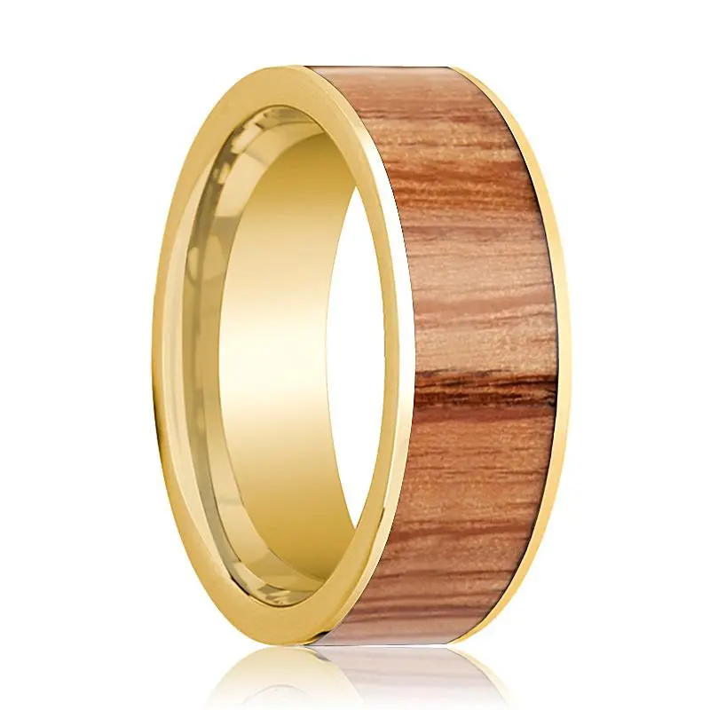 Men's 14K Yellow Gold Flat Wedding Band With Red Oak Wood Inlay Polished Finish - 8Mm 1