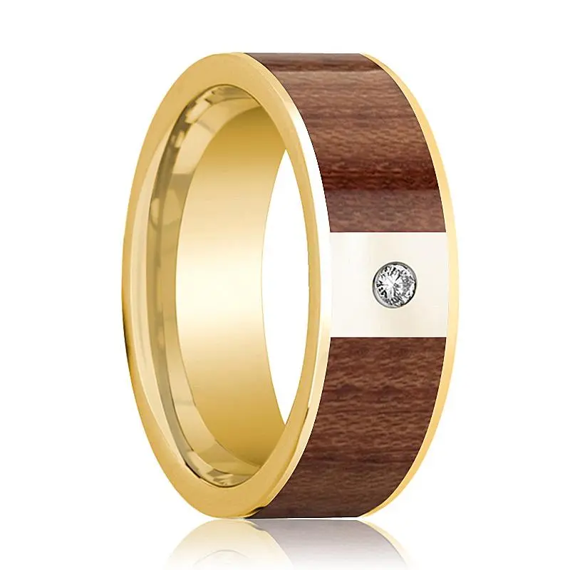 Men's 14K Yellow Gold Flat Wedding Band With Rose Wood Inlay And White Diamond - 8Mm 1