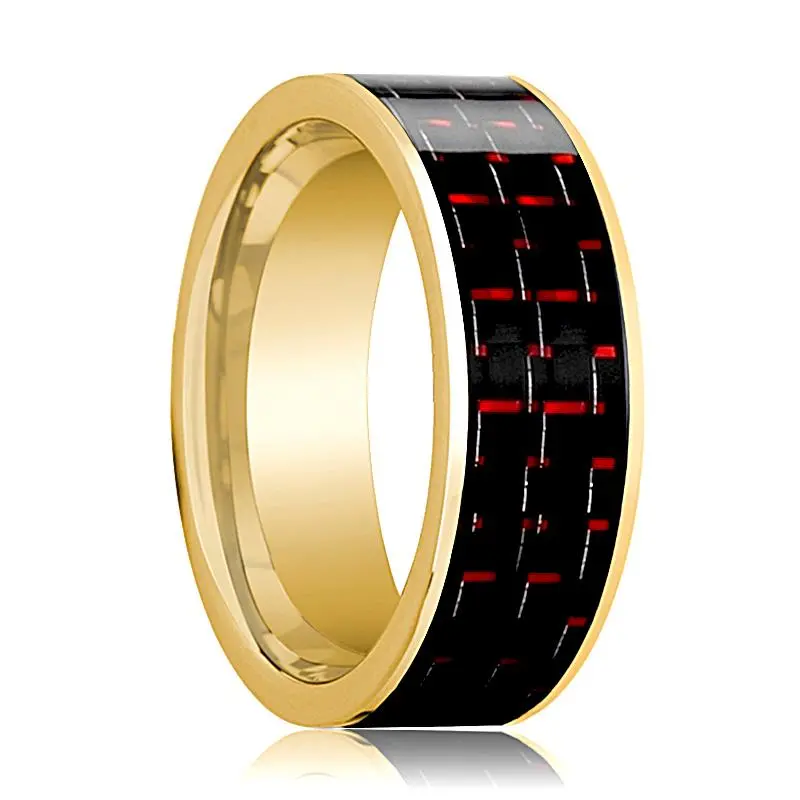 Men's 14K Yellow Gold Flat Wedding Ring With Black & Red Carbon Fiber Inlay Polished Finish - 8Mm 1