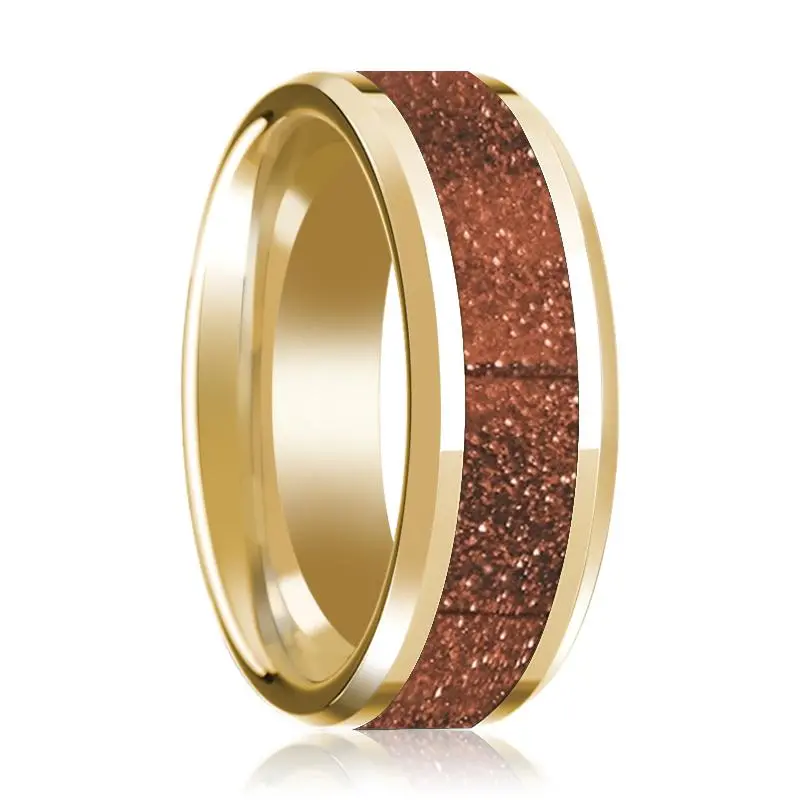 Men's 14K Yellow Gold Orange Goldstone Inlaid Wedding Ring With Beveled Edges & Polished Finish - 8Mm 1