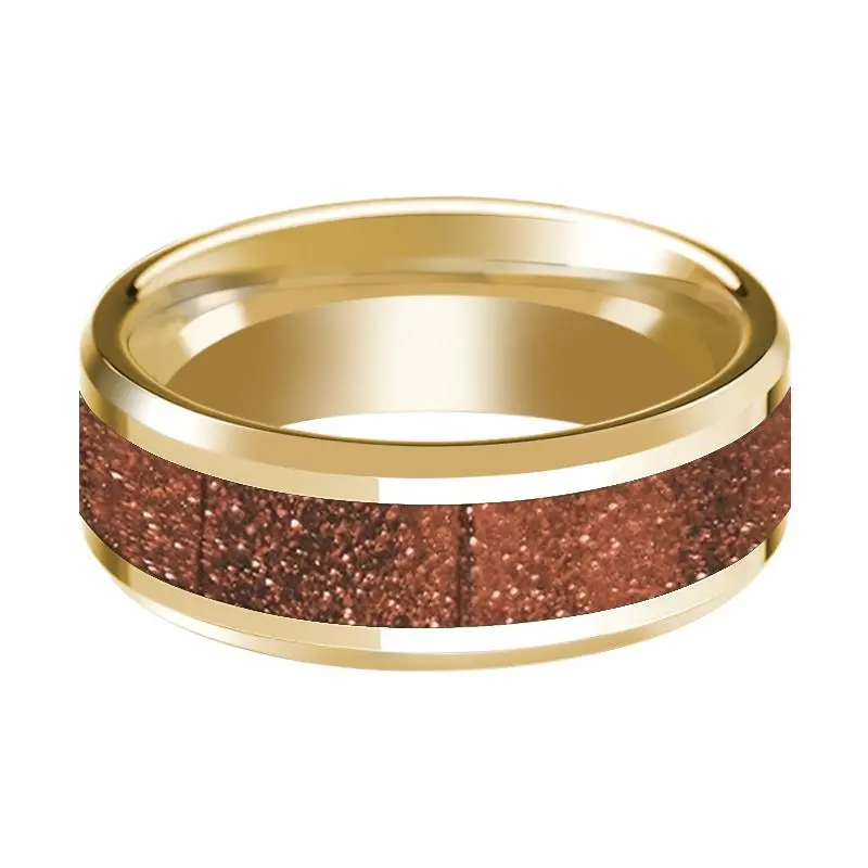 Men's 14K Yellow Gold Orange Goldstone Inlaid Wedding Ring With Beveled Edges & Polished Finish - 8Mm 2