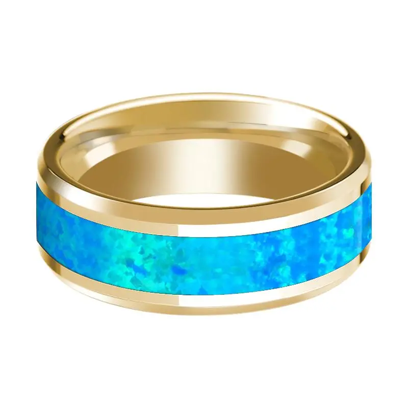Men's 14K Yellow Gold Polished Wedding Band With Blue Opal Inlay & Beveled Edges - 8Mm 2