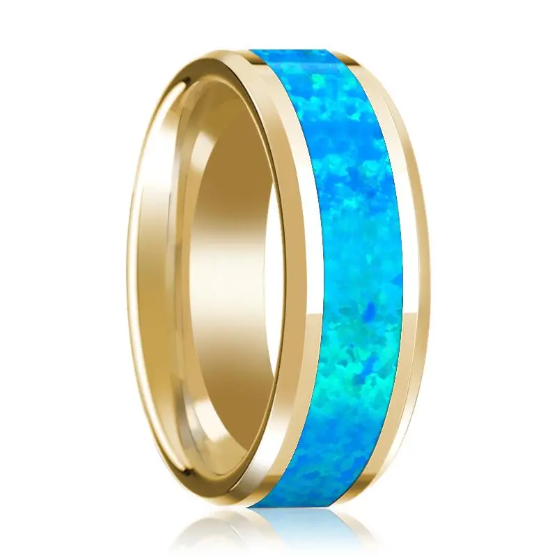 Men's 14K Yellow Gold Polished Wedding Band With Blue Opal Inlay & Beveled Edges - 8Mm 1