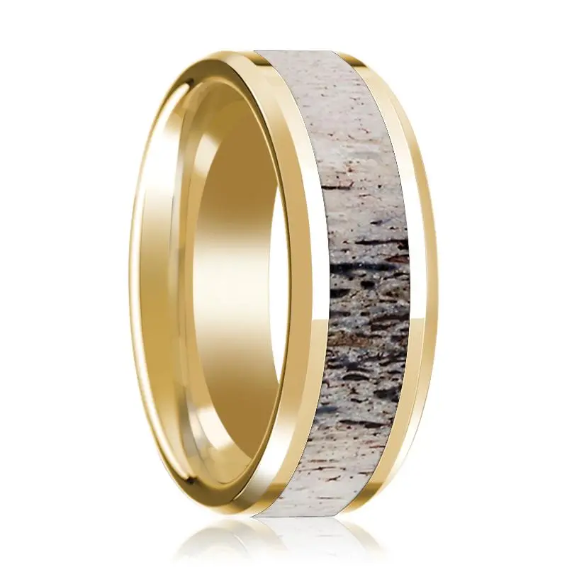 Men's 14K Yellow Gold Polished Wedding Band With Ombre Deer Inlay & Beveled Edges - 8Mm 1