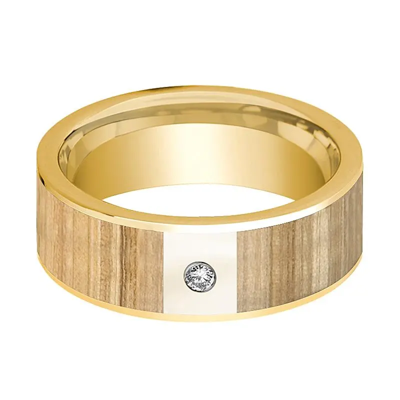 Men's 14K Yellow Gold Wedding Band With Ash Wood Inlay And Diamond - 8Mm 2