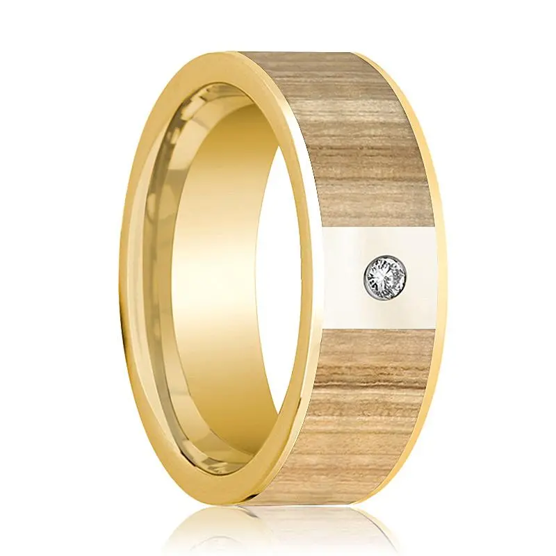Men's 14K Yellow Gold Wedding Band With Ash Wood Inlay And Diamond - 8Mm 1