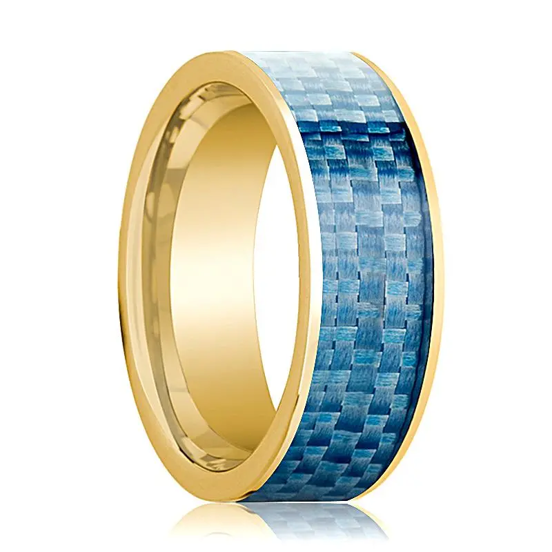 Men's 14K Yellow Gold Wedding Band With Blue Carbon Fiber Inlay Flat Polished Design - 8Mm 1