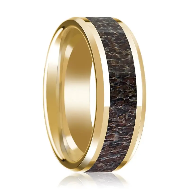 Men's 14K Yellow Gold Wedding Band With Dark Deer Antler Inlay & Beveled Edges Polished Finish - 8Mm 1
