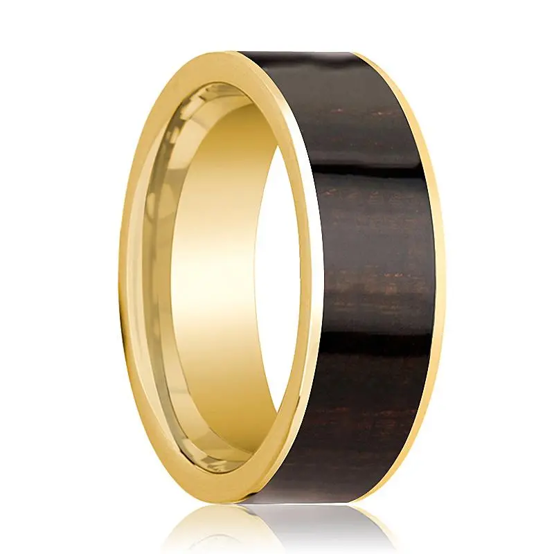 Men's 14K Yellow Gold Wedding Band With Ebony Wood Inlay Polished Finish - 8Mm 1