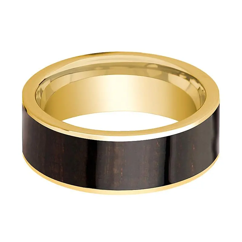 Men's 14K Yellow Gold Wedding Band With Ebony Wood Inlay Polished Finish - 8Mm 2