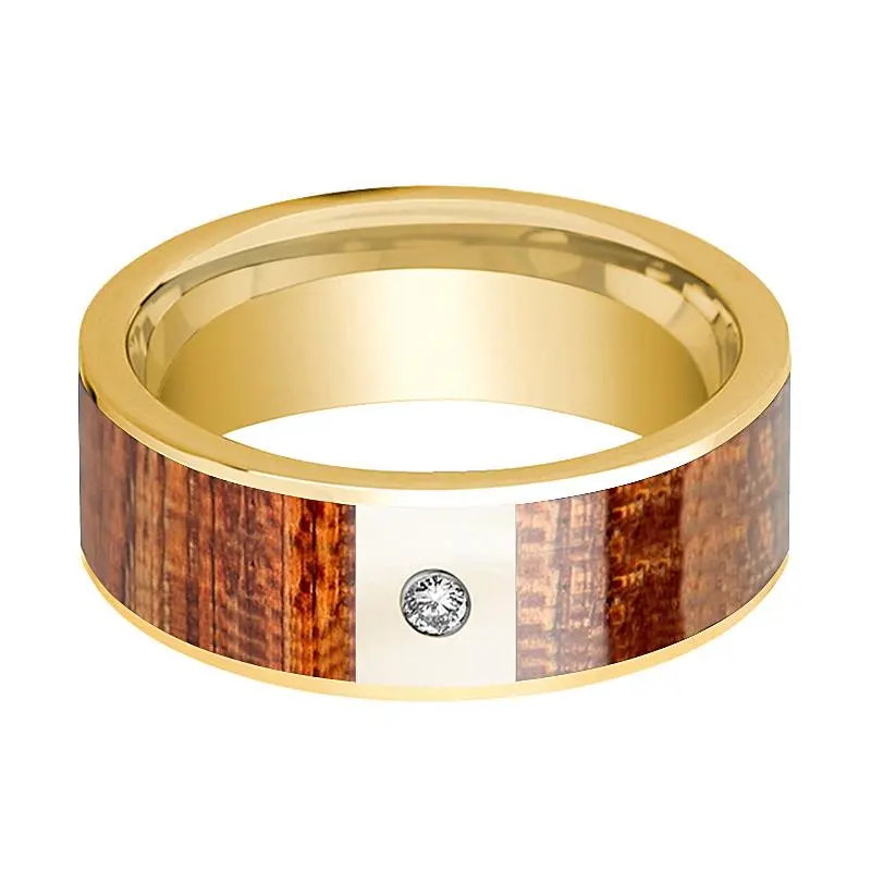 Men's 14K Yellow Gold Wedding Band With Mahogany Wood Inlay And Diamond In Center - 8Mm 2