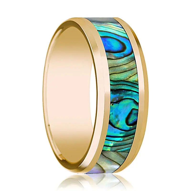 Men's 14K Yellow Gold Wedding Band With Mother Of Pearl Inlay And Bevels - 8Mm 1