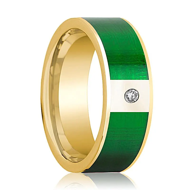 Men's 14K Yellow Gold Wedding Band With Textured Green Inlay And Diamond In Center - 8Mm 1