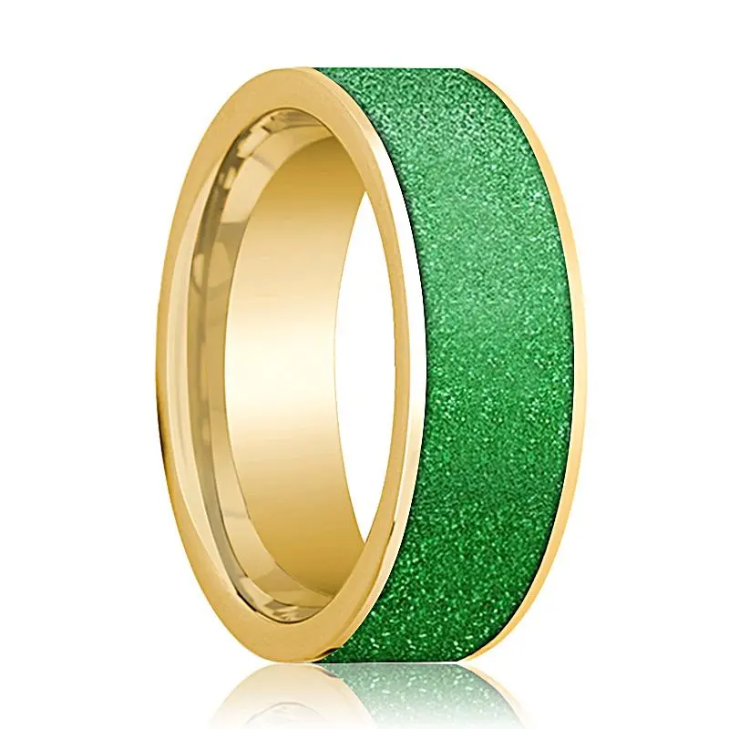 Men's 14K Yellow Gold Wedding Band With Textured Green Inlay Flat Polished Design - 8Mm 1