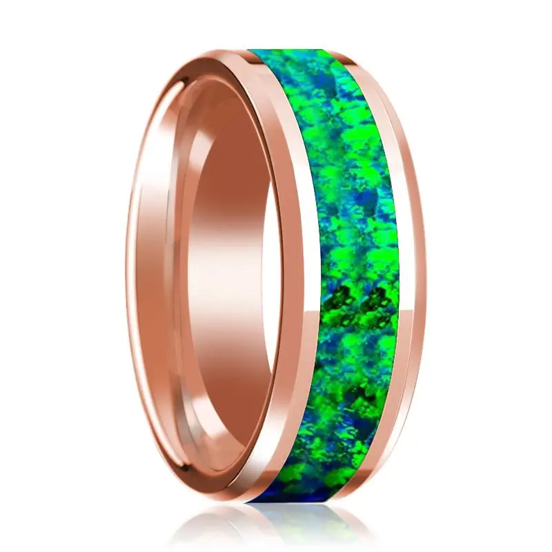 Men's Beveled 14K Rose Gold Wedding Band With Green & Blue Opal Inlay Polished Finish - 8Mm 1