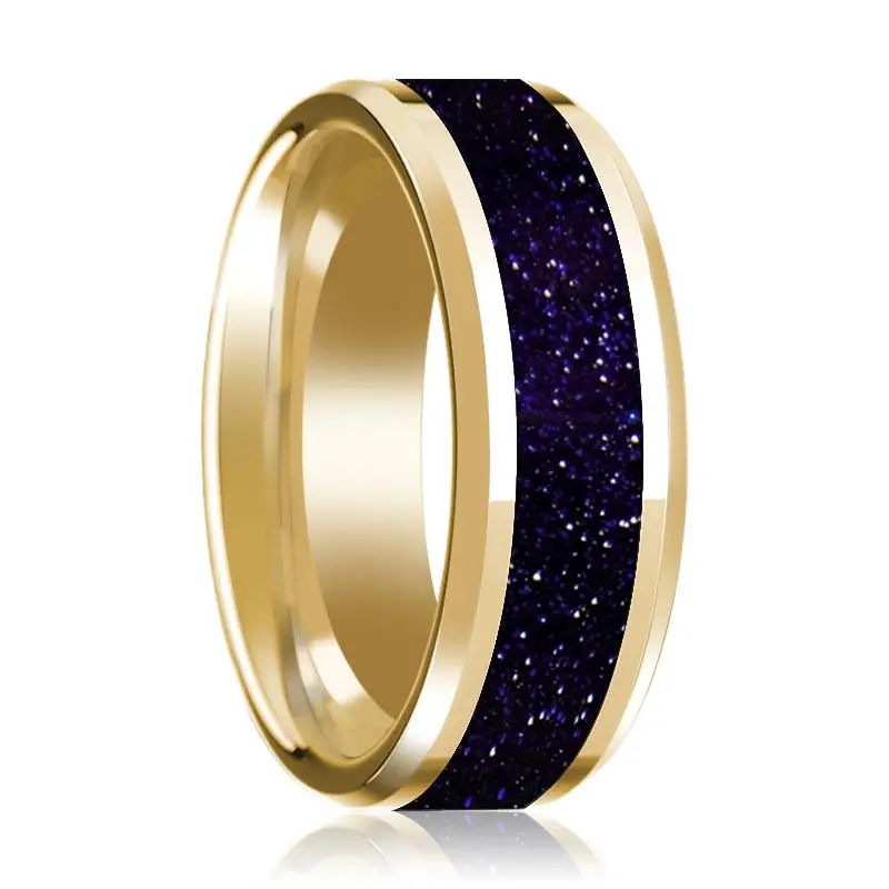 Men's Beveled 14K Yellow Gold Wedding Band With Purple Goldstone Inaly & Polished Finish - 8Mm 1