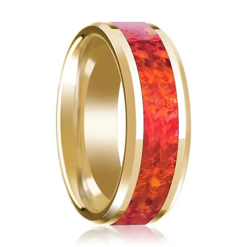 Men's Beveled 14K Yellow Gold Wedding Band With Red Opal Inlay Polished Design - 8Mm 1
