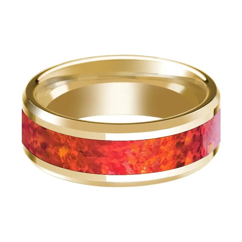Men's Beveled 14K Yellow Gold Wedding Band With Red Opal Inlay Polished Design - 8Mm 2
