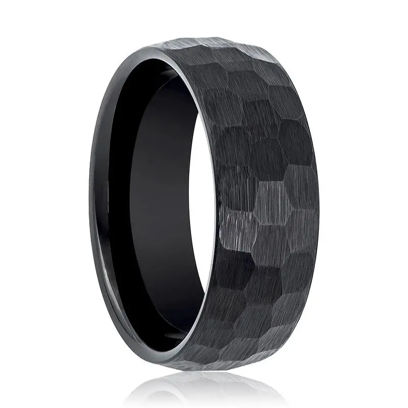 Brute | Black Tungsten Ring, Hammered Faceted, Domed 1