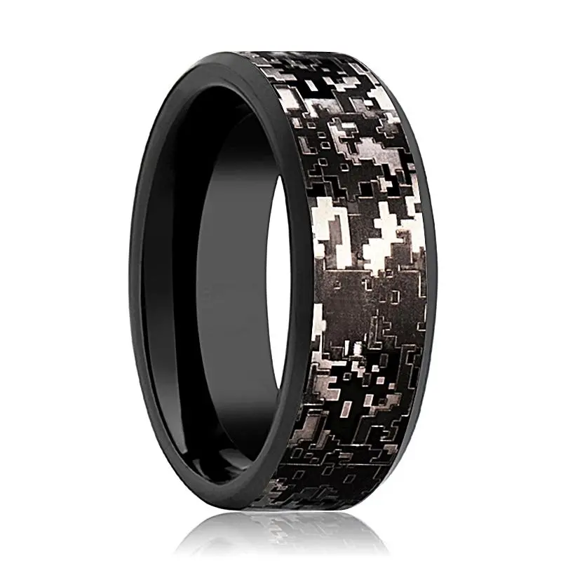 Men's Black Tungsten Wedding Band With Black Digital Camouflage Inlay And Bevels - 8Mm 1