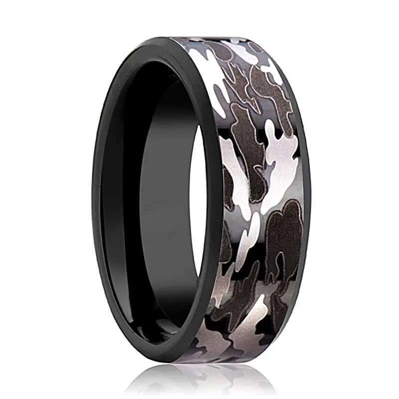 Men's Black Tungsten Wedding Band With Black & Gray Camo Inlay And Bevels - 8Mm 1