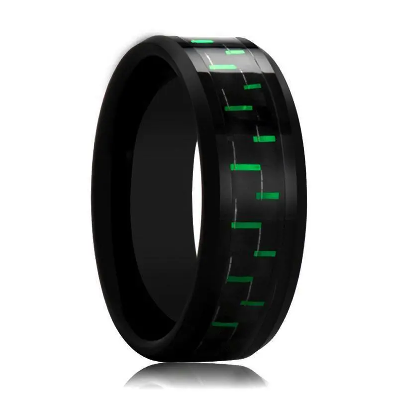 Carbonox | Black Tungsten Ring, Green Carbon Fiber Inlay, Beveled 1