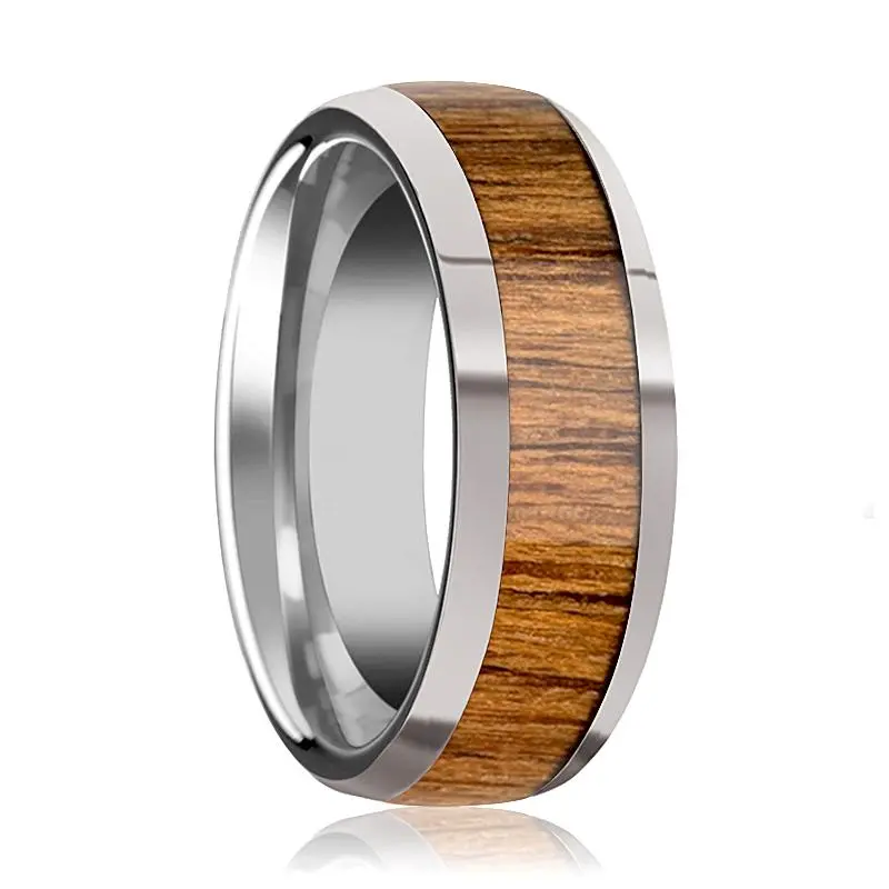 Thekka | Silver Tungsten Ring, Teak Wood Inlay, Domed 1