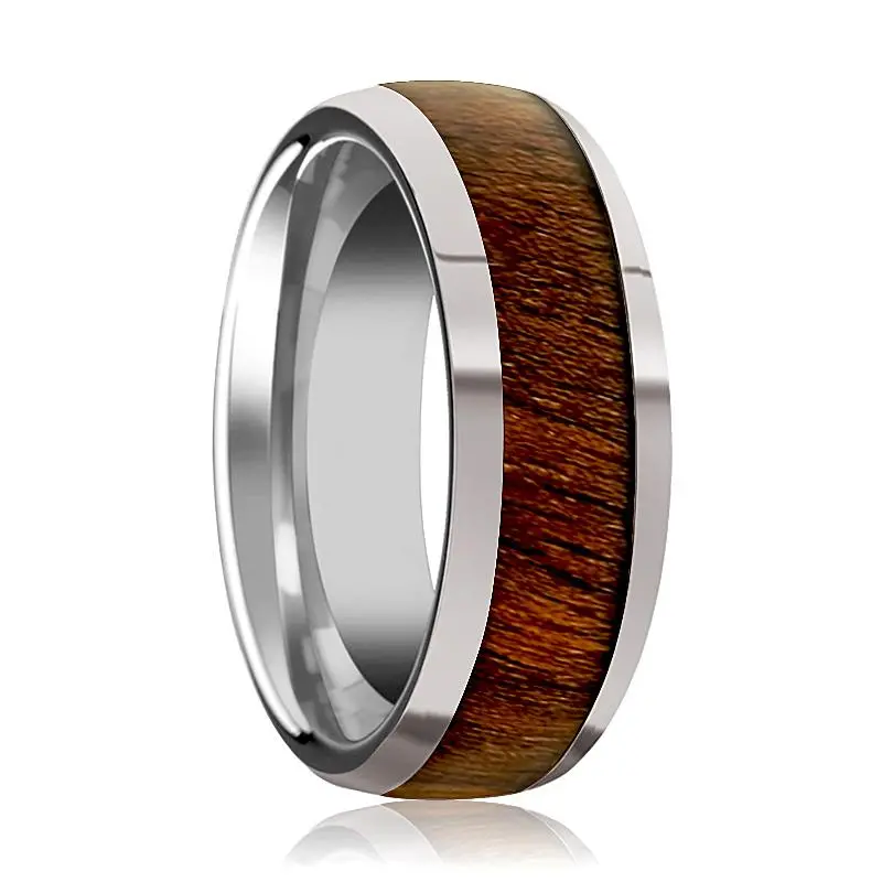 Juglan | Silver Tungsten Ring, Black Walnut Wood Inlay, Domed 1