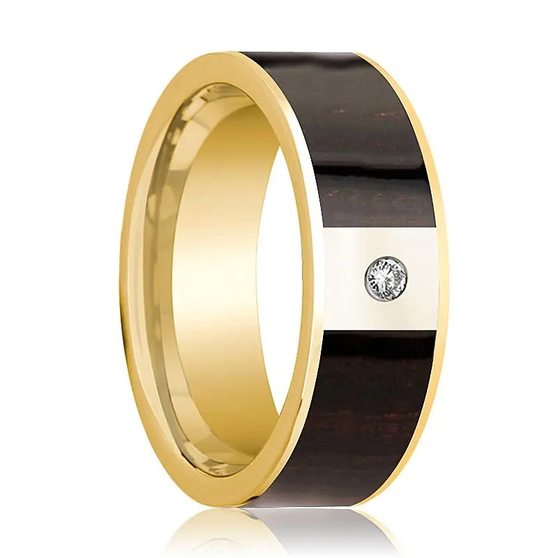Men's Ebony Wood Inlaid 14K Gold Wedding Ring With White Diamond In Center - 8Mm 1