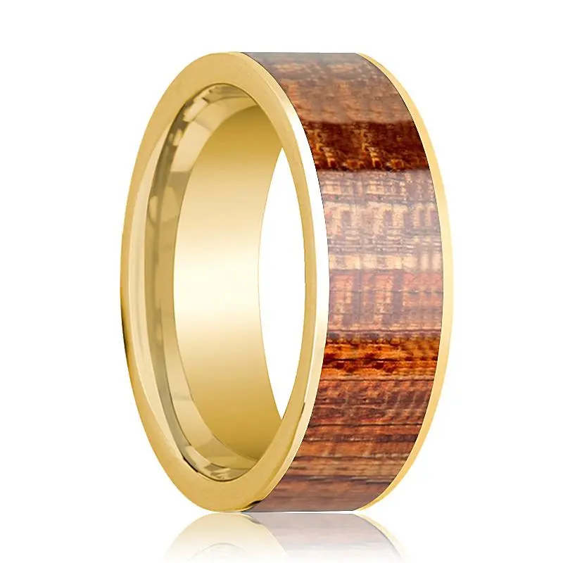 Men's Engagement Ring Polished 14K Yellow Gold Flat Wedding Band With Mahogany Wood Inlay 1