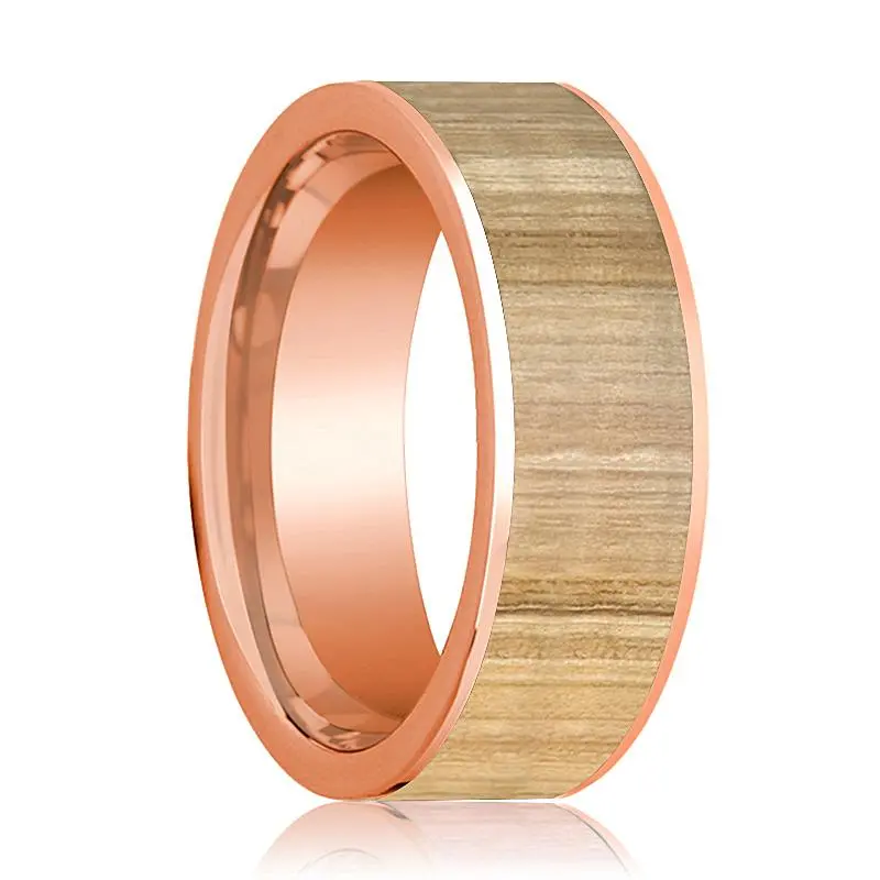 Men's Flat 14K Rose Gold Wedding Band With Ash Wood Inlay Polished Finish - 8Mm 1