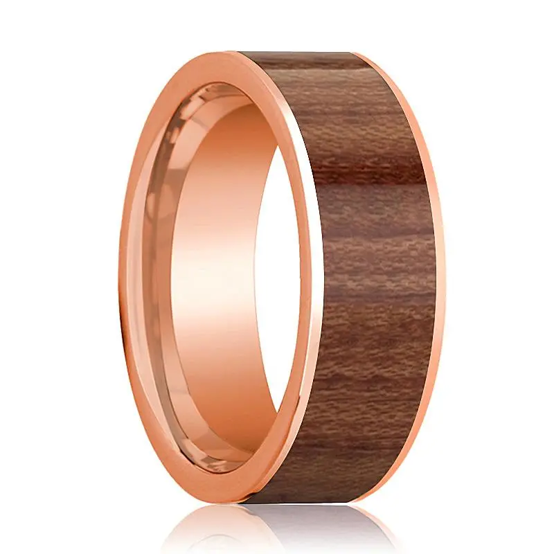 Men's Flat 14K Rose Gold Wedding Band With Rose Wood Inlay Polished Finish - 8Mm 1