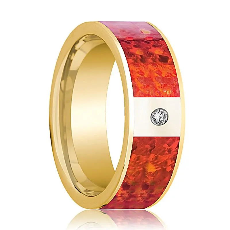 Men's Flat 14K Yellow Gold Wedding Band With Red Opal Inlay And Diamond In Center - 8Mm 1