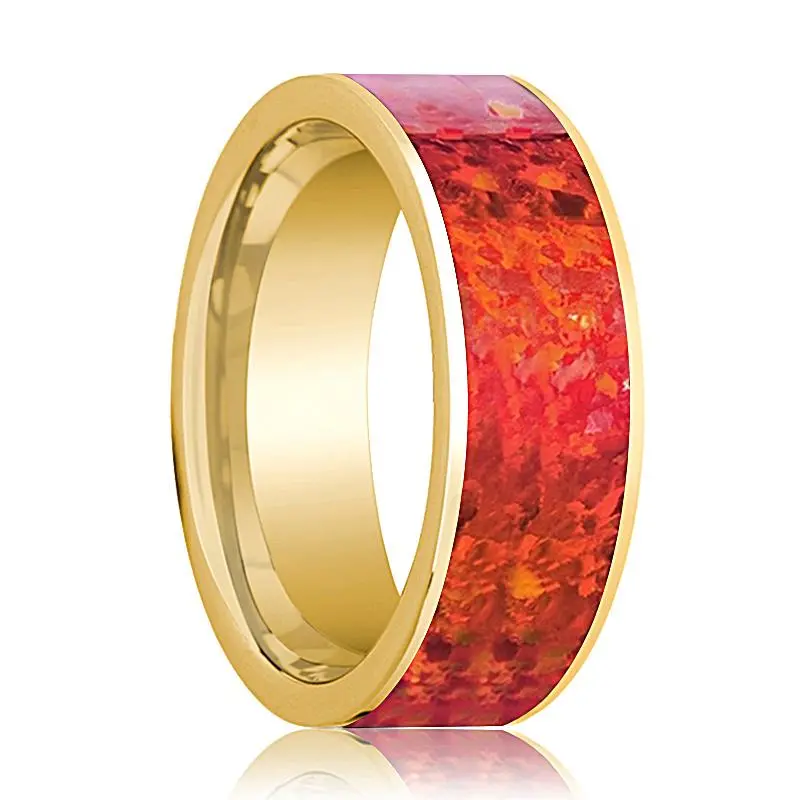 Men's Flat 14K Yellow Gold Wedding Band With Red Opal Inlay & Polished Finish - 8Mm 1