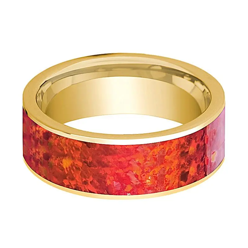 Men's Flat 14K Yellow Gold Wedding Band With Red Opal Inlay & Polished Finish - 8Mm 2