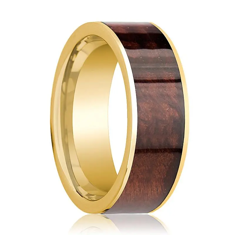 Men's Flat 14K Yellow Gold Wedding Band With Red Wood Inlay Polished Finish - 8Mm 1
