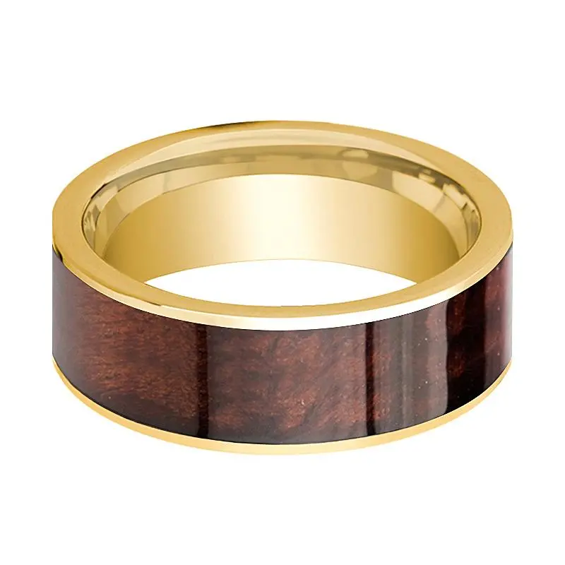 Men's Flat 14K Yellow Gold Wedding Band With Red Wood Inlay Polished Finish - 8Mm 2