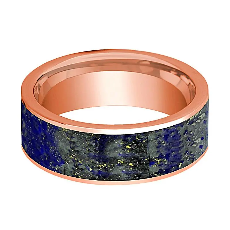 Men's Flat Polished 14K Rose Gold Wedding Band With Blue Lapis Lazuli Inlay - 8Mm 2