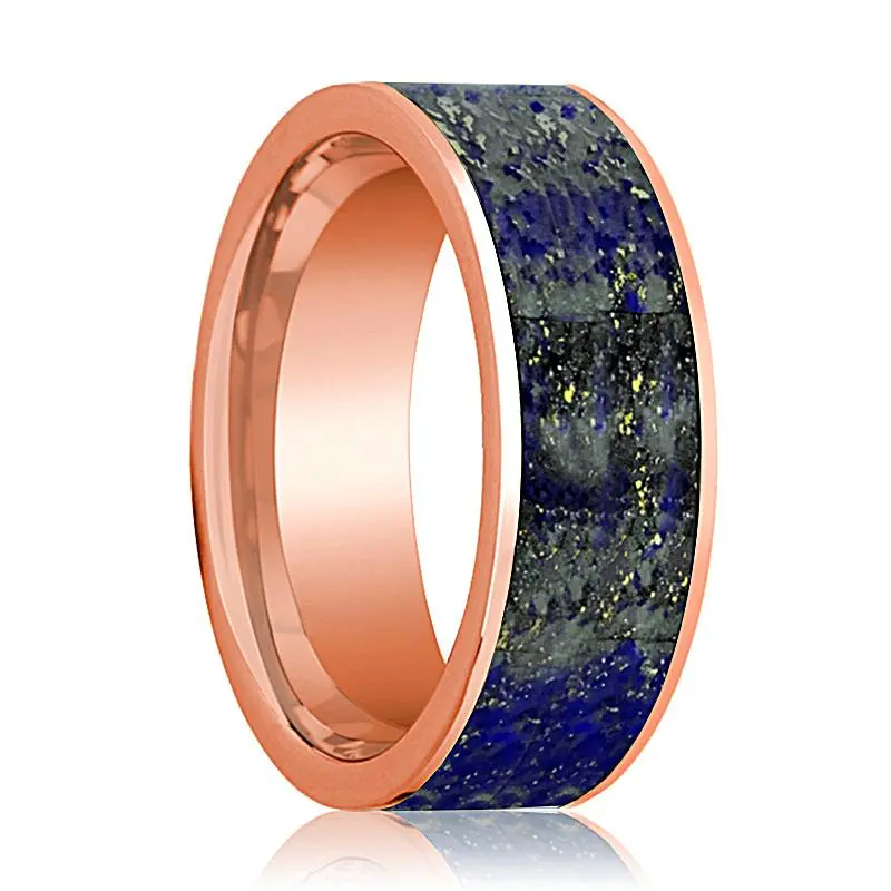 Men's Flat Polished 14K Rose Gold Wedding Band With Blue Lapis Lazuli Inlay - 8Mm 1