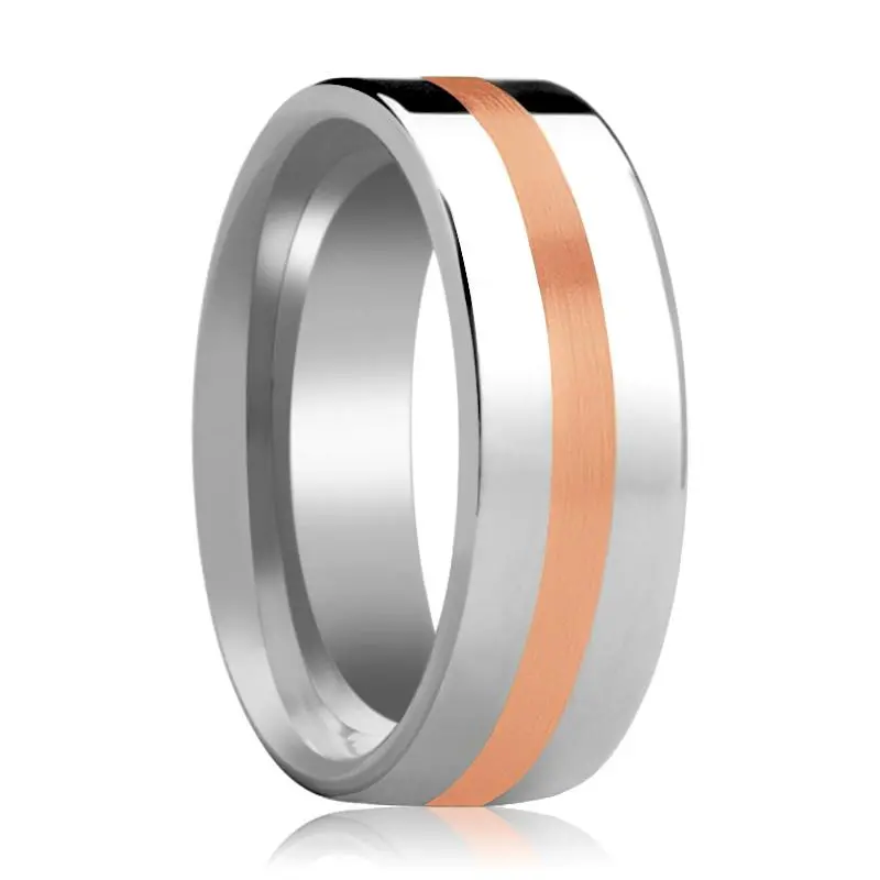 Cerberus | Silver Tungsten Ring, 14K Rose Gold Stripe, Flat 1
