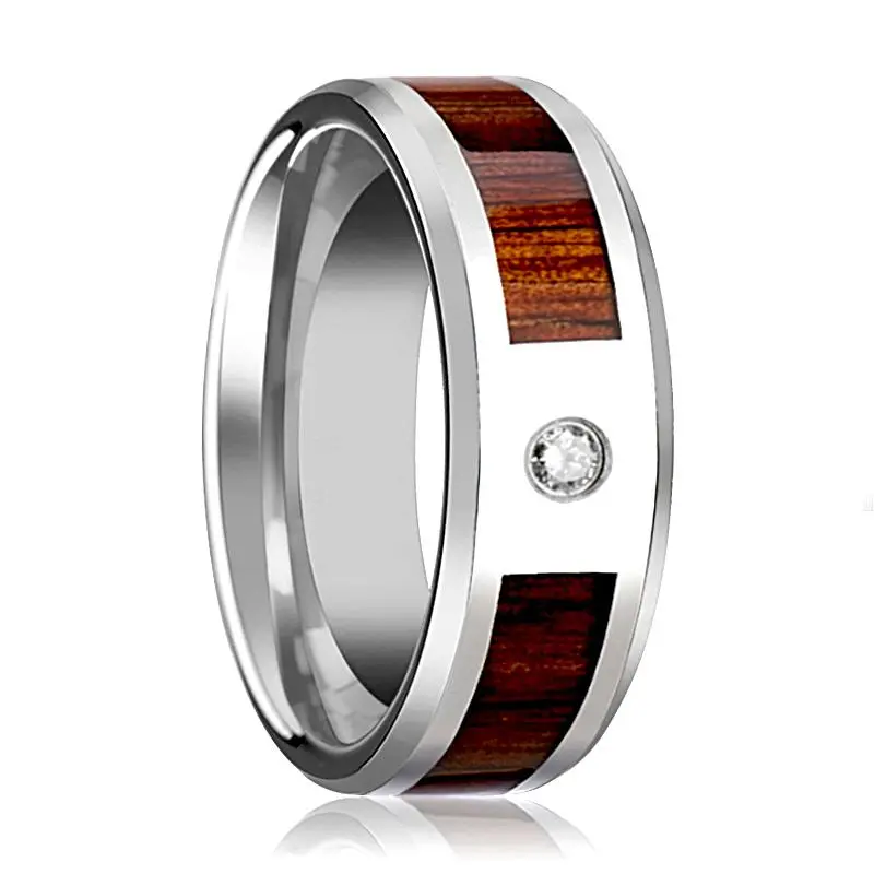 Kahuna | Silver Tungsten Ring, Diamond, Koa Wood Inlay, Beveled 1