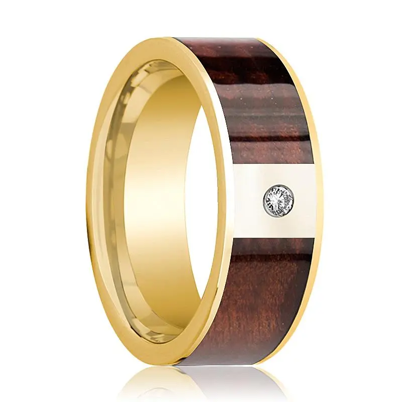 Men's Polished 14K Gold & Diamond Wedding Band With Red Wood Inlay - 8Mm 1