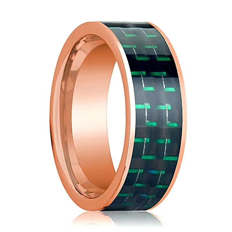 Men's Polished 14K Rose Gold Flat Wedding Band With Black And Green Carbon Fiber Inlay - 8Mm 1