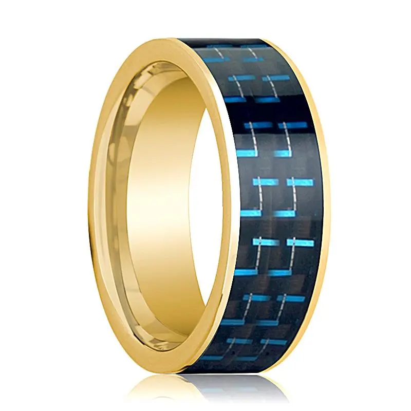 Men's Polished 14K Yellow Gold Flat Wedding Band With Black & Blue Carbon Fiber Inlay - 8Mm 1