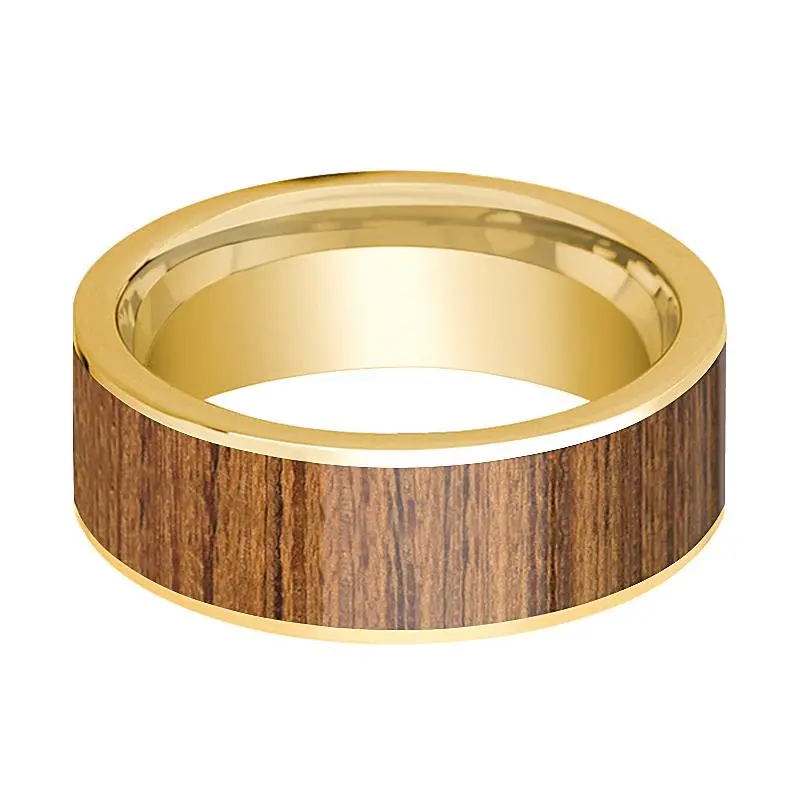 Men's Polished 14K Yellow Gold Flat Wedding Band With Teak Wood Inlay - 8Mm 2