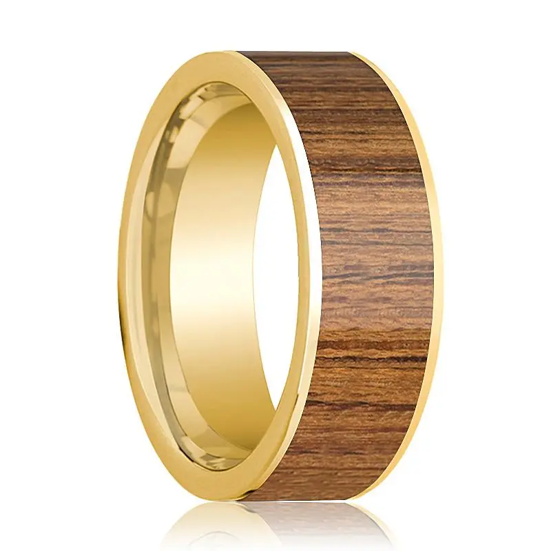 Men's Polished 14K Yellow Gold Flat Wedding Band With Teak Wood Inlay - 8Mm 1