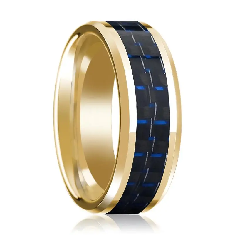 Men's Polished 14K Yellow Gold Wedding Band With Blue & Black Carbon Fiber Inlay & Bevels - 8Mm 1