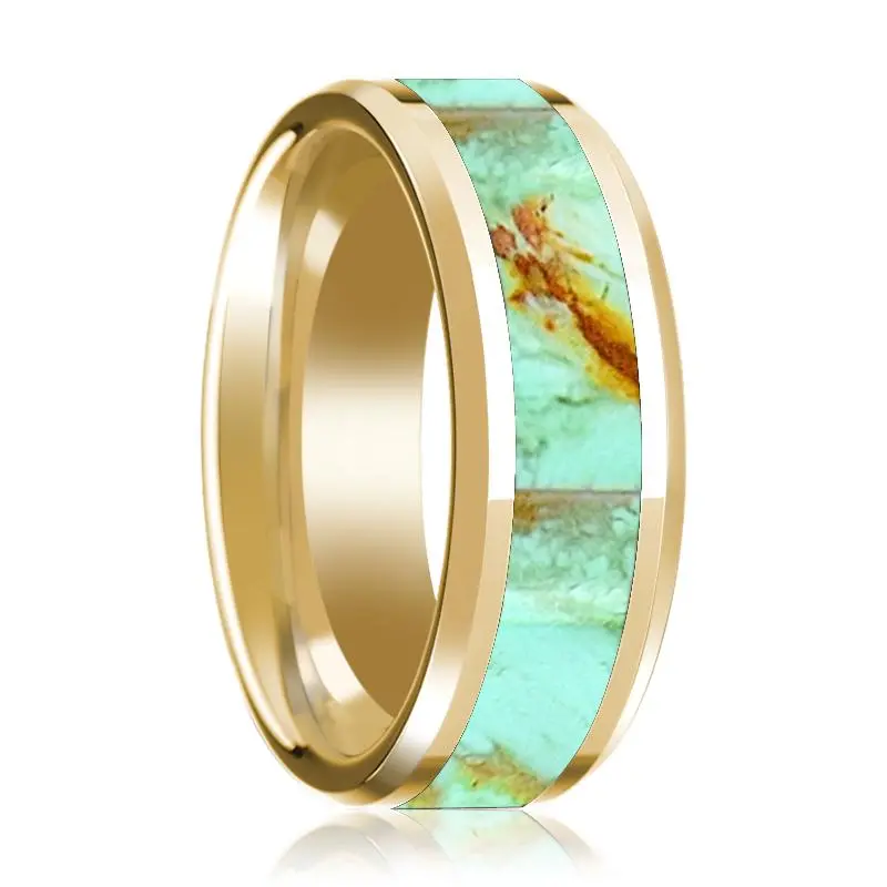 Men's Polished 14K Yellow Gold Wedding Band With Turquoise Stone Inlay & Beveled Edges - 8Mm 1